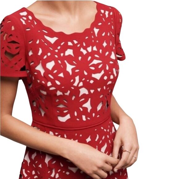 Moulinette Soeurs Red Laser Cut Floral Midi Dress - Size 4 - Picture 13 of 15